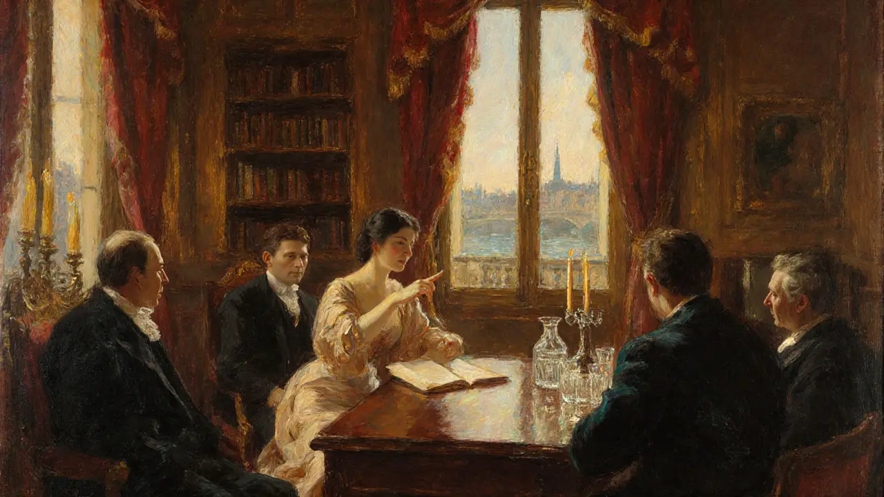 19th‑century Paris salon with aristocrats, poets, and a courtesan sharing conversation over candles and books.