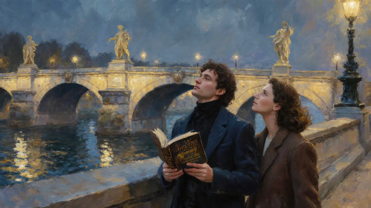A couple walks beneath the lights of Pont Alexandre III at night, one holding a French book, reflections on the Seine.