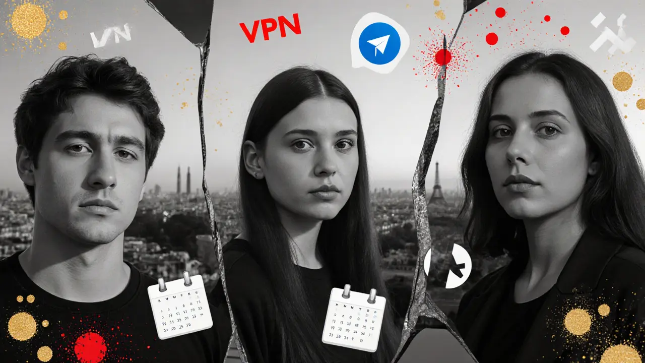 A fragmented mirror reflects diverse individuals, each tied to digital tools of modern sex work.