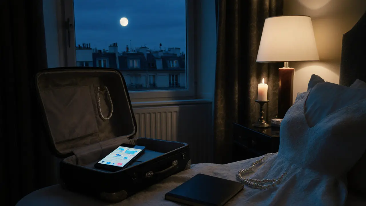 A luxury hotel suite at night with an open suitcase, notebook, and candle, moonlight streaming through the window.