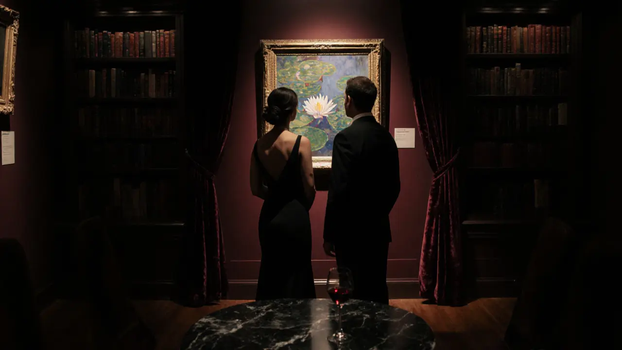 A man and woman admire a Monet painting in a private art gallery after hours, soft light highlighting the artwork.