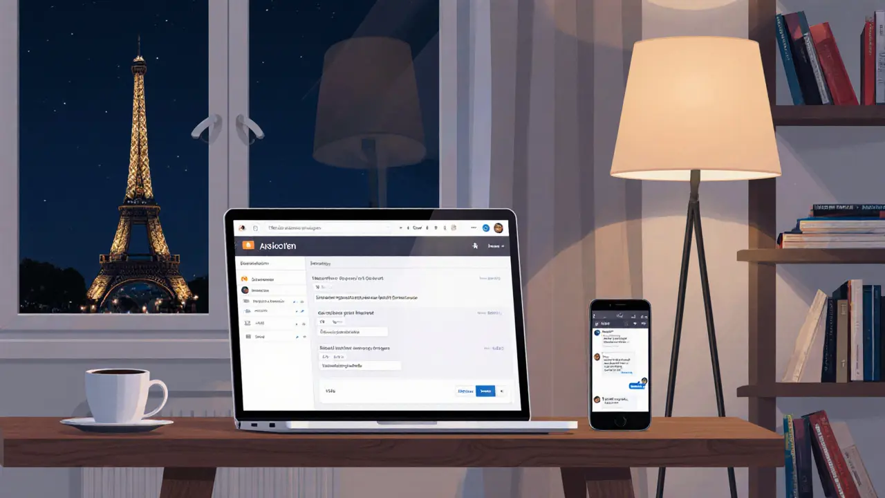 A modern escort works on a laptop in a Paris apartment, encrypted messages glowing on her phone.