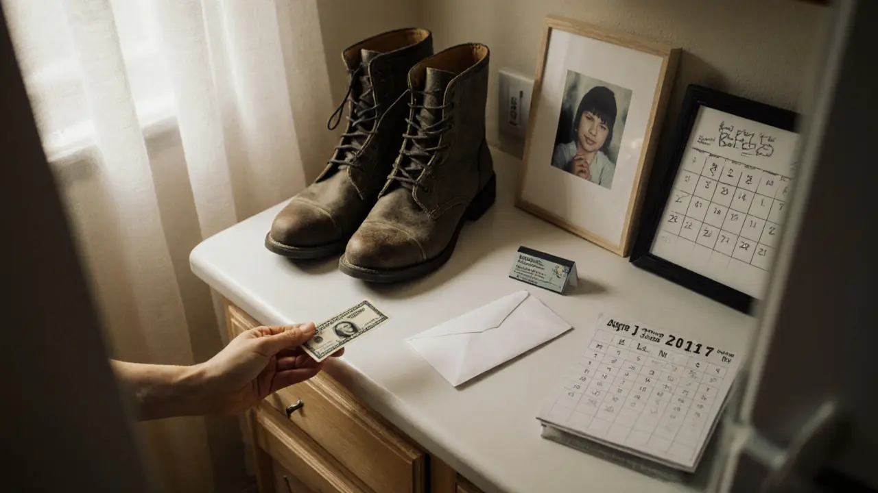 A modest Parisian kitchen with cash, a therapist’s card, and a family photo.
