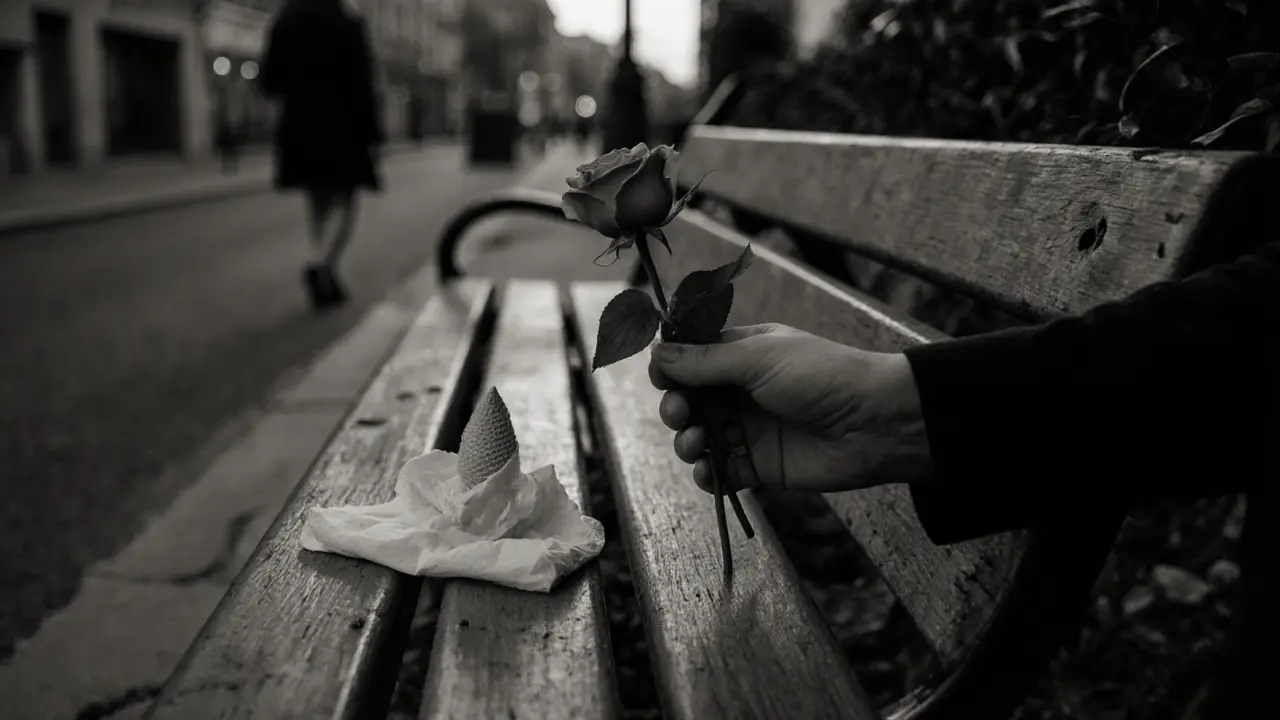 A single rose rests on a park bench beside an empty seat, ice cream cone and napkin nearby in twilight.