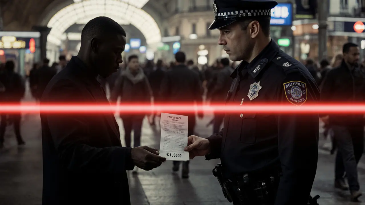 A tourist receiving a fine from police for soliciting sex near a Paris metro station.