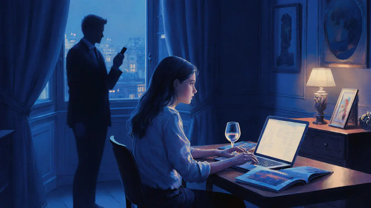 A woman working as a companion in her Paris apartment, surrounded by books and wine.