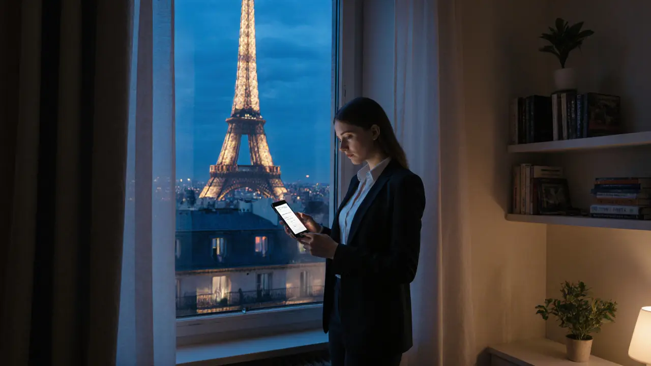 An escort in a Paris apartment, standing by the window with a verified platform on their phone.