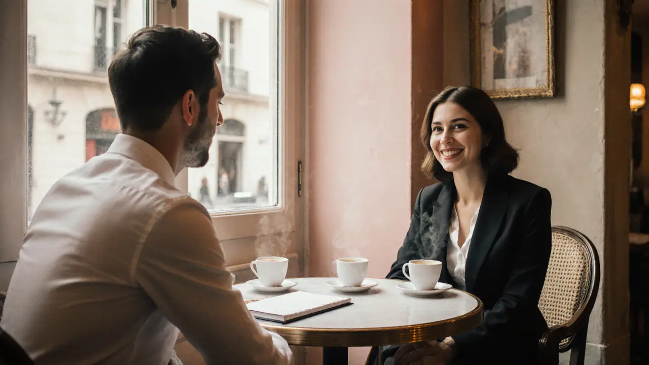 Client and escort conversing politely over coffee in a sunny Paris café.