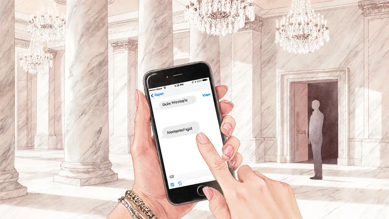 Close‑up of a phone showing encrypted messaging, hand holding it in a luxury hotel lobby.