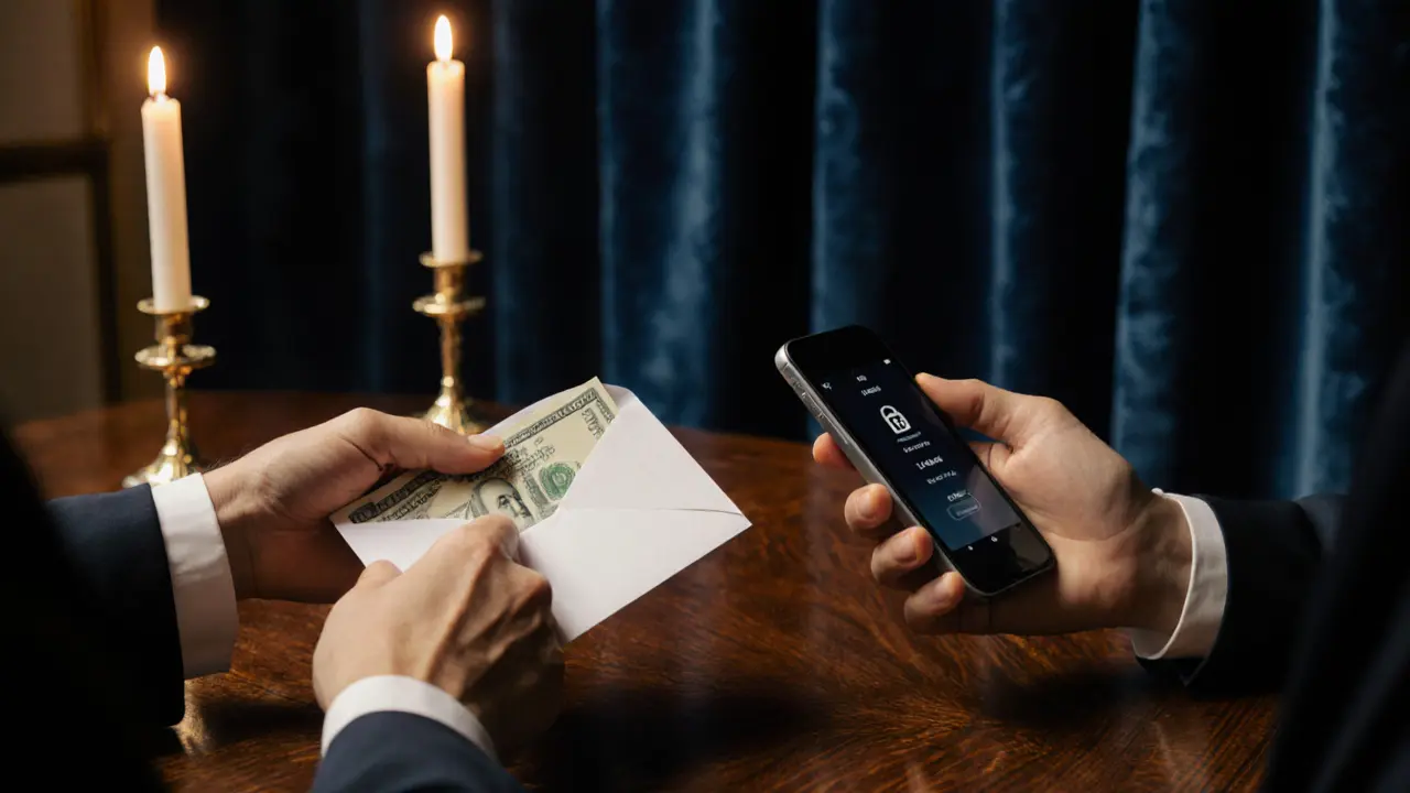 Close‑up of hands exchanging cash envelope and phone displaying secure payment.
