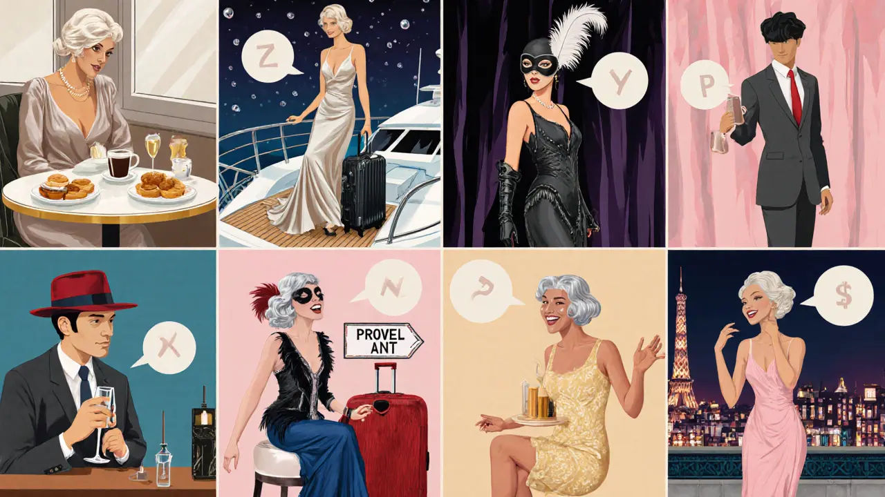 Collage of seven escort types in Paris, each in a distinct setting.