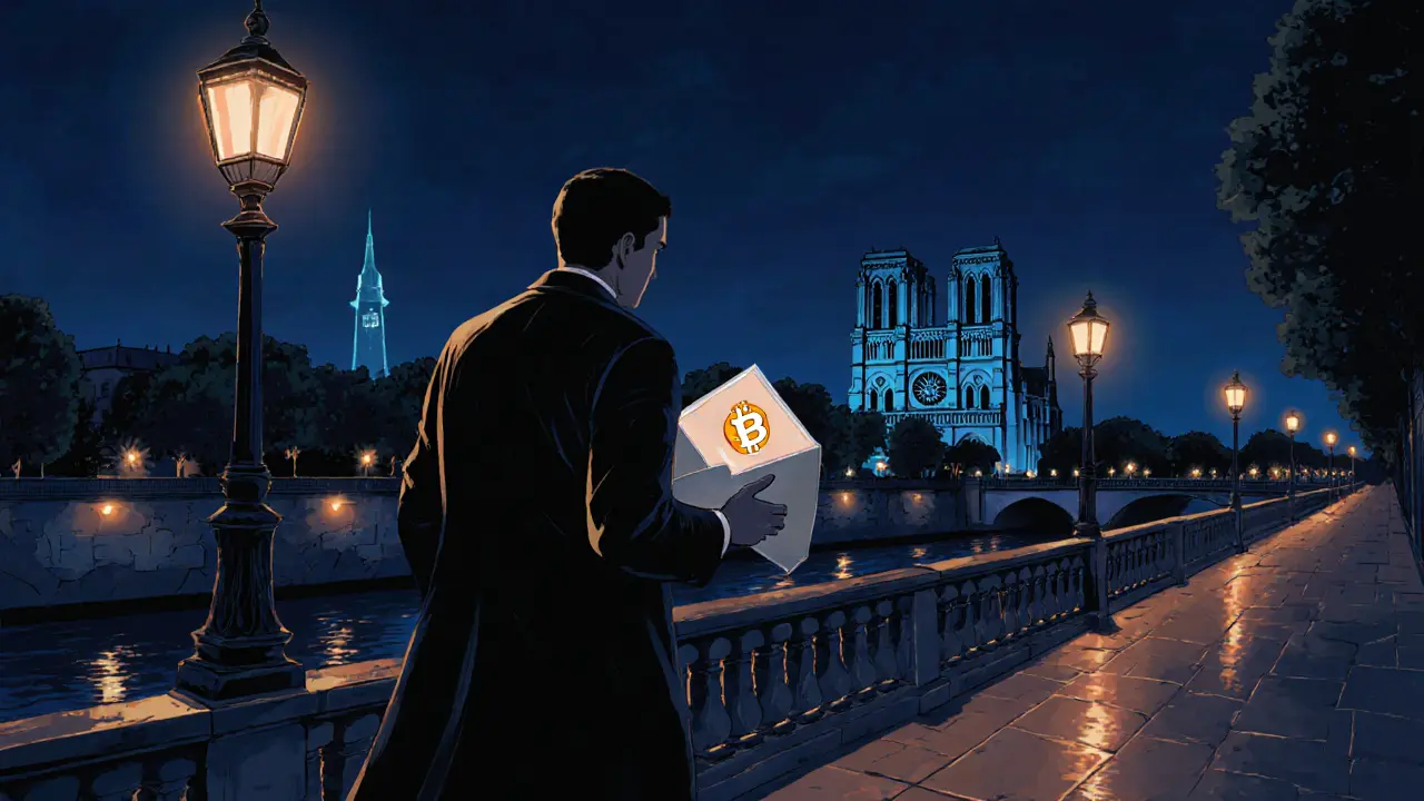 Confident figure walking by the Seine at night holding an envelope and crypto wallet.