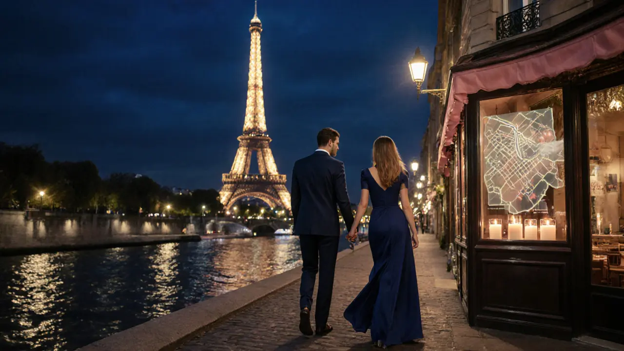 Couple strolling by the Seine at night with the Eiffel Tower, escort leading to a candlelit bistro.