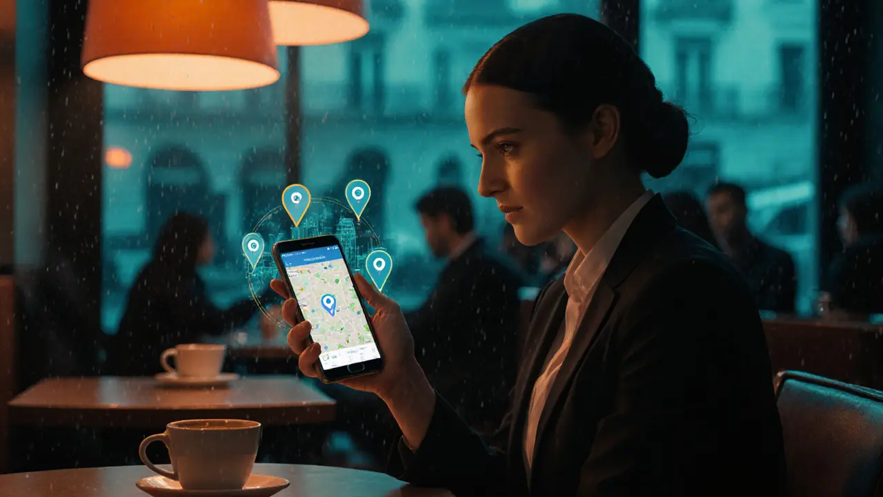 Digital illustration of a client checking a safety app location map in a dim café.