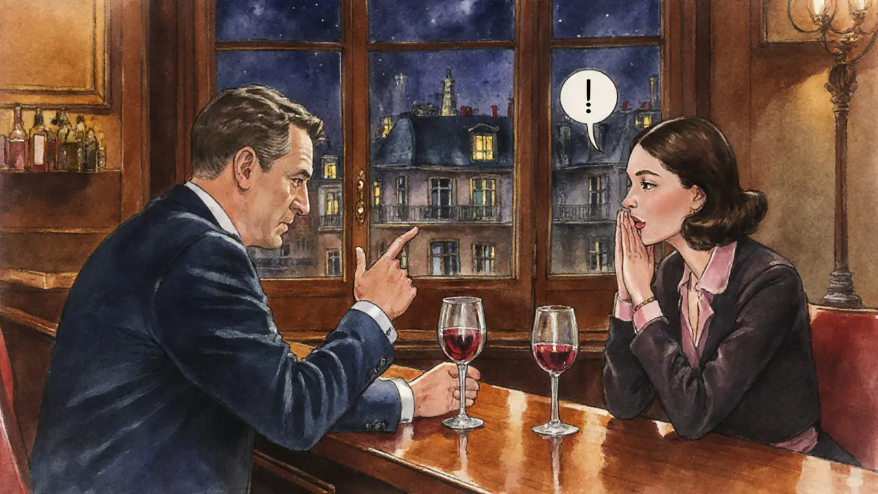 Elegant bar scene with two drinks, polite conversation, and Paris night view.