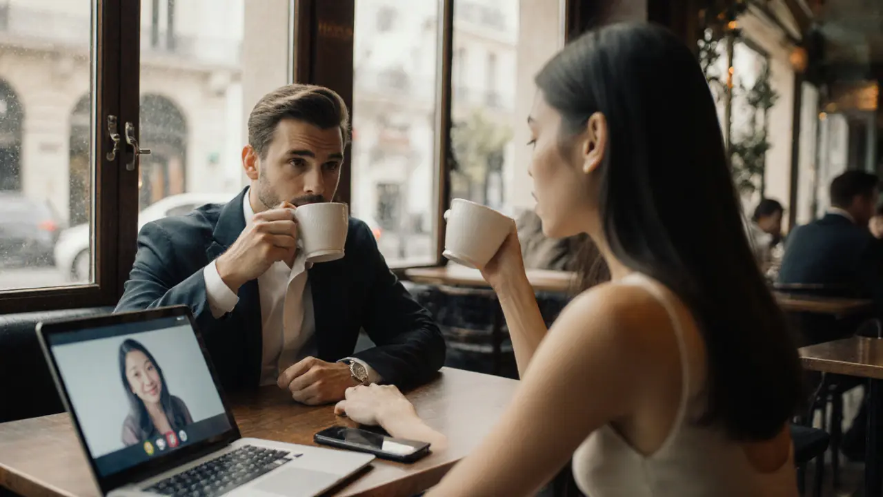Elegant companion and client sharing coffee in a bright Paris café.