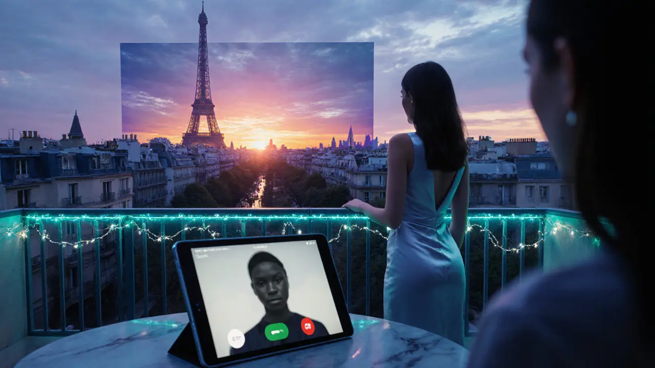 Futuristic balcony with a digital sunset screen and virtual call vibe.