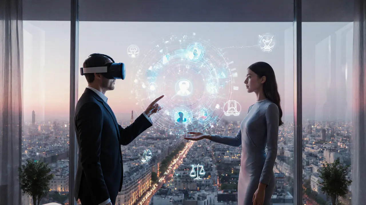 Futuristic lounge with a client in VR, holographic AI matchmaking, and a virtual escort avatar against the Paris skyline.