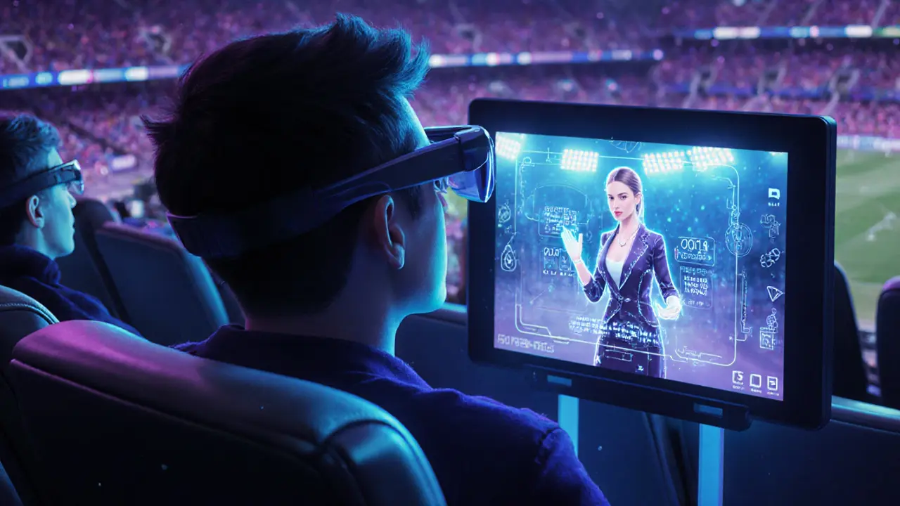 Futuristic stadium seat where a fan watches a holographic companion on a personal screen.