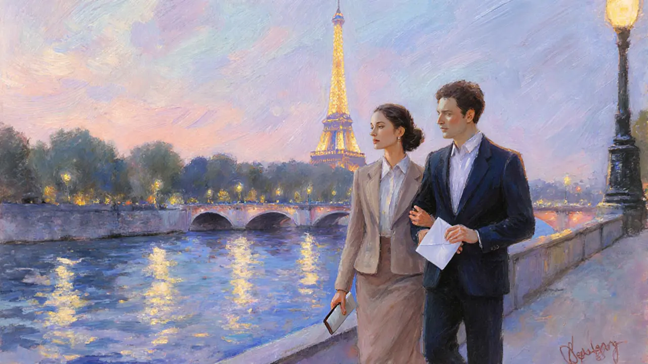 Impressionist twilight scene of a couple strolling by the Seine with the Eiffel Tower lit behind them.