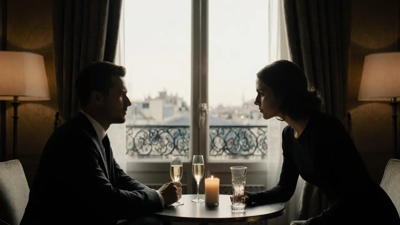 Intimate hotel suite scene with client and escort sharing a quiet conversation.