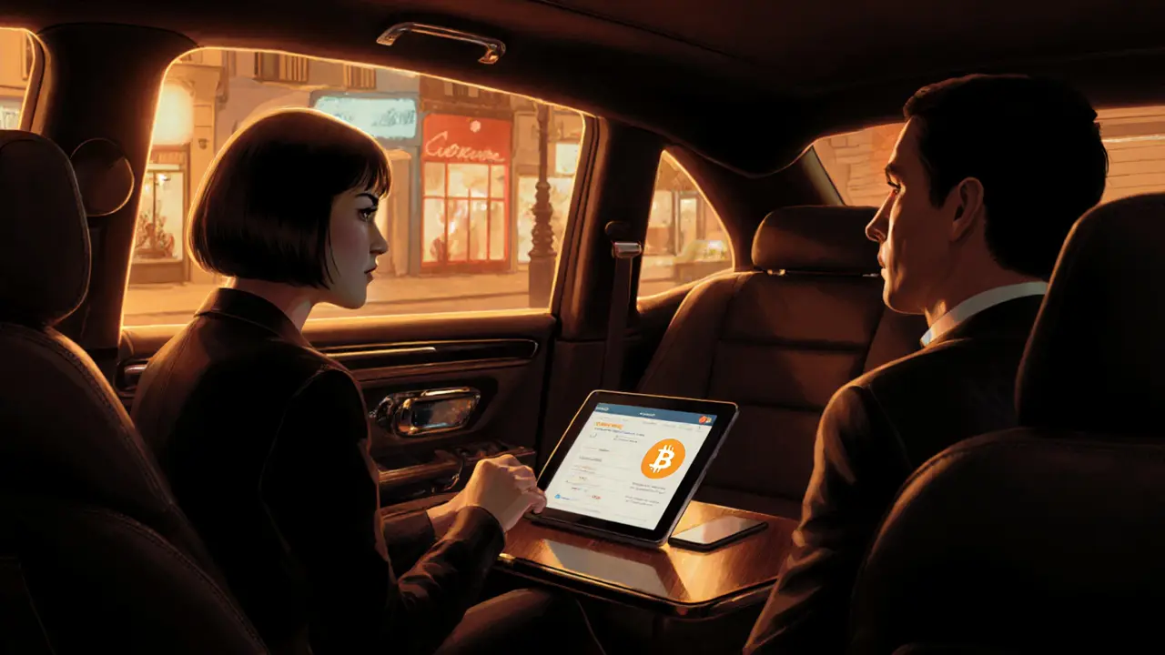 Luxurious limousine interior with companion, client, tablet, and subtle crypto symbols.