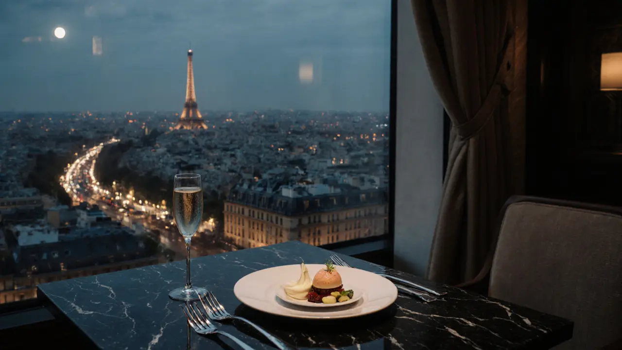 Luxurious window seat at Le Jules Verne overlooking Paris at night, with fine dining.