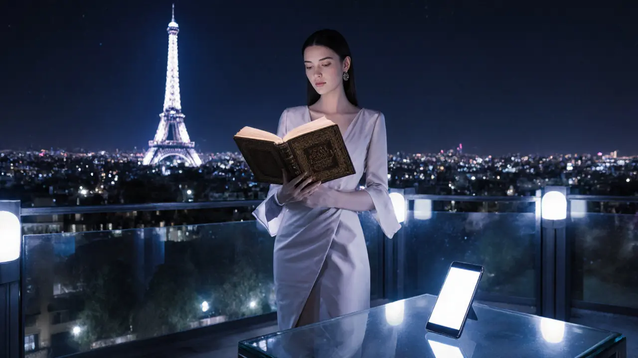 Modern rooftop scene where a stylish escort holds a leather‑bound classic while a phone glows beside her.