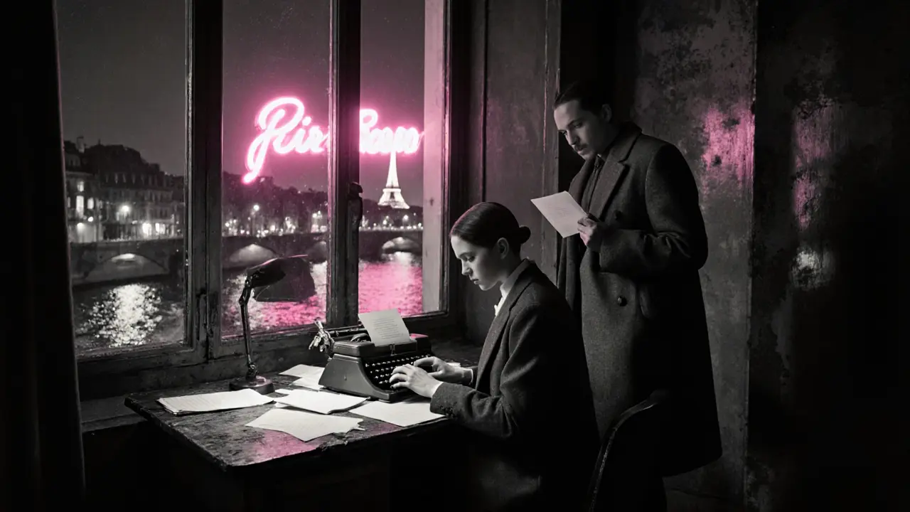 Modern writer and escort sharing poetry in a neon‑lit loft.