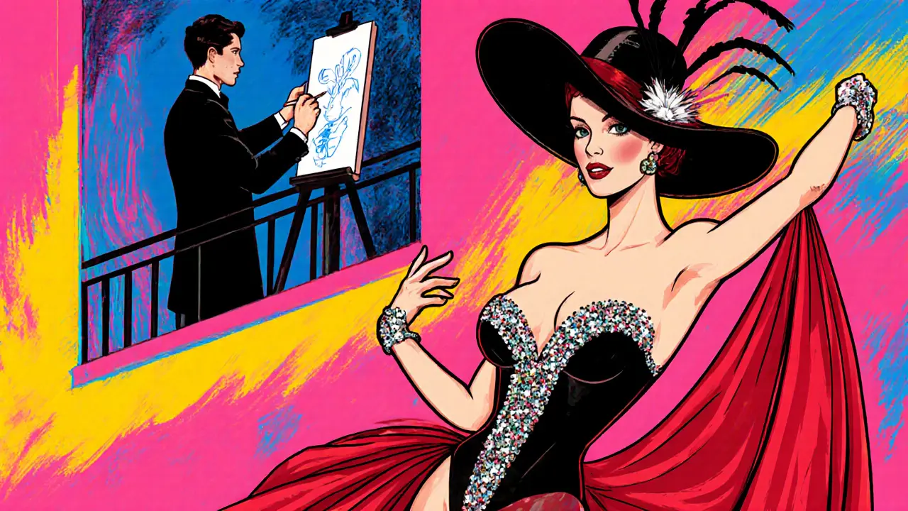 Moulin Rouge scene with a courtesan, dancers, and Monet sketching.