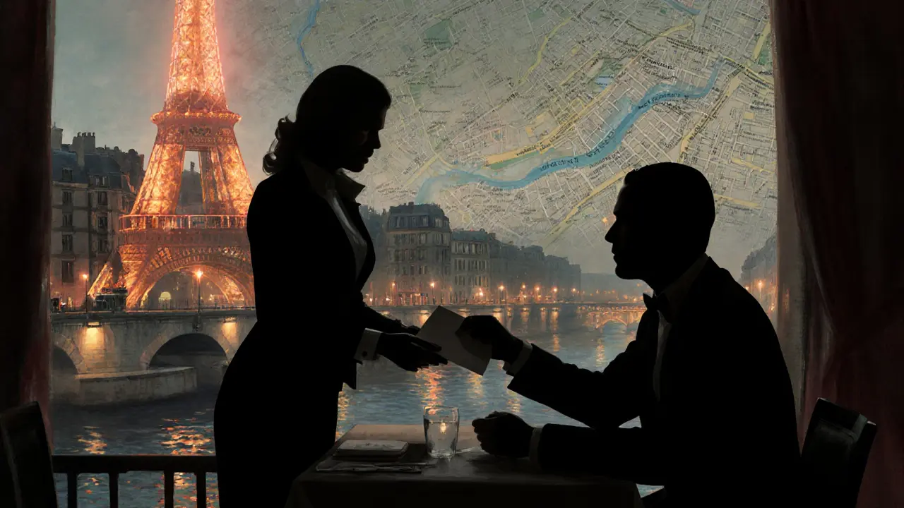Noir painting showing a discreet exchange linking escorts and Michelin restaurants.