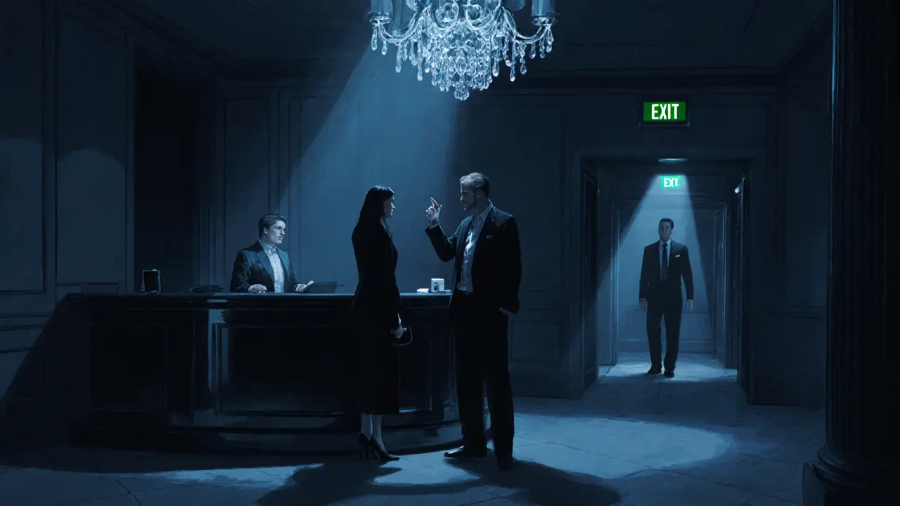 Noir style hotel lobby where an escort and client exchange a nod near the reception desk.