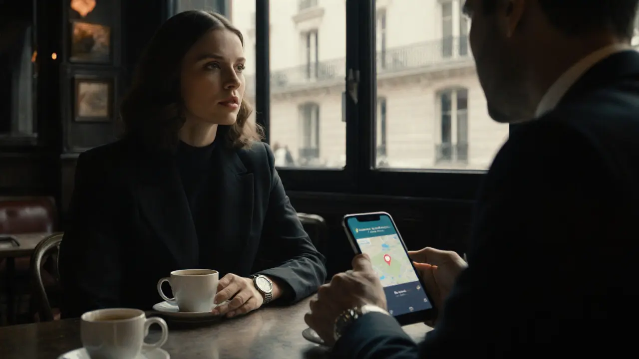 Paris café interior where a well‑dressed couple discuss over coffee, a phone shows a location pin.