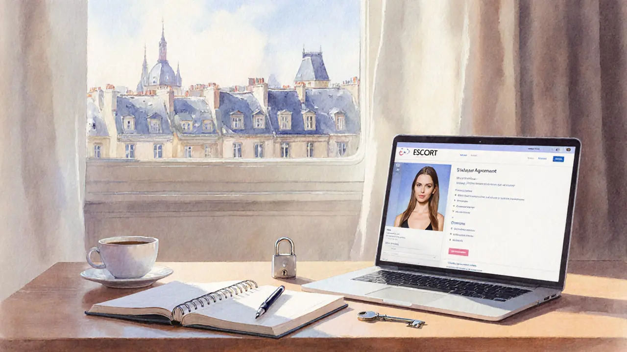 Paris hotel suite morning with laptop, notebook, coffee, and lock symbolizing discretion.