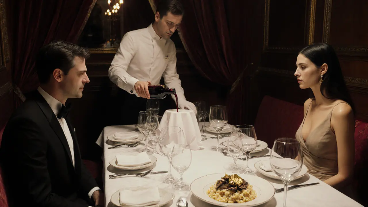 Private dining room with elegant table, truffle dish, and refined service.