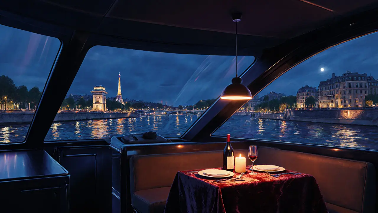 Private yacht cabin on the Seine at night, lit by soft candles and city reflections.