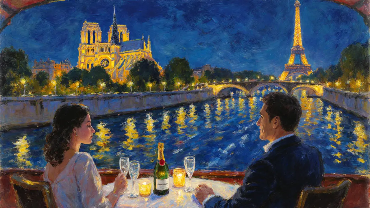 Romantic candlelit dinner on a Seine cruise with illuminated Paris landmarks reflected in the water.