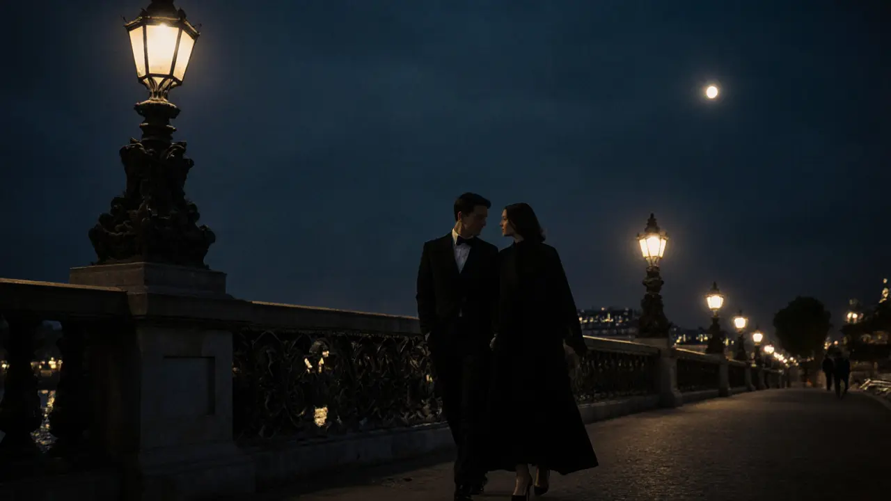 Silhouetted couple strolling on Pont Alexandre III under moonlight and streetlamps.