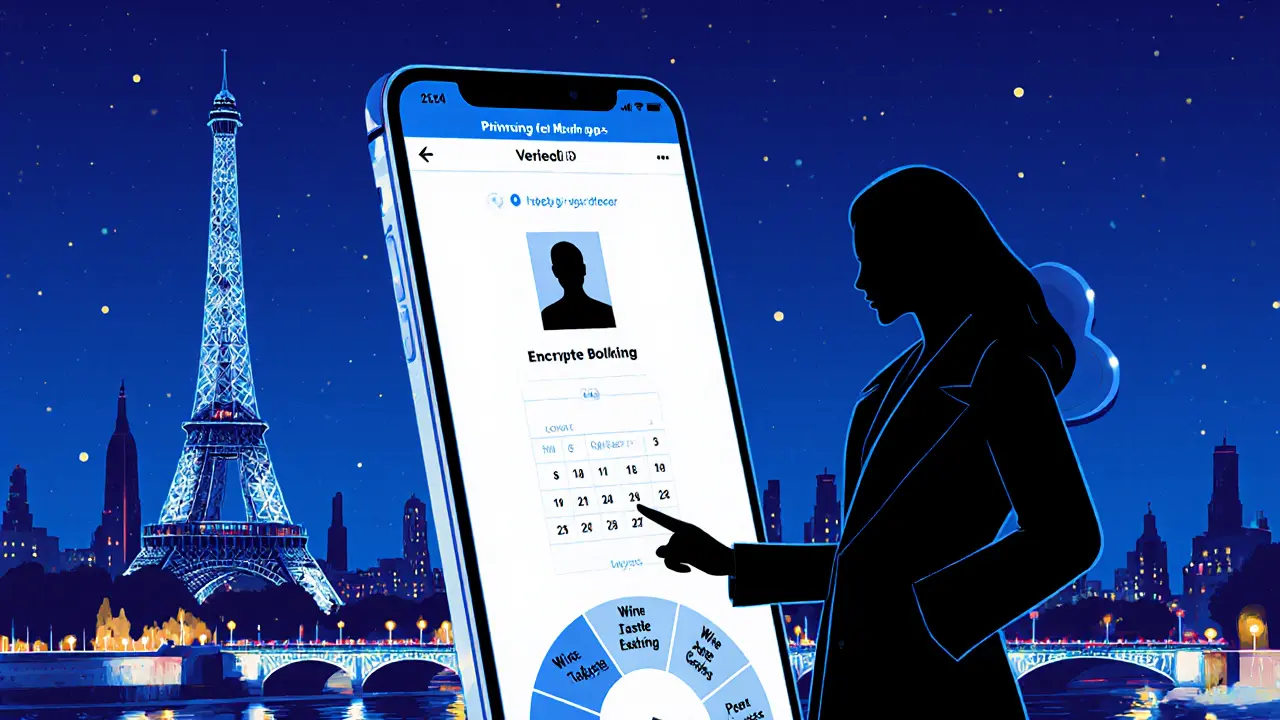 Smartphone app interface for booking verified escorts, set against Paris night skyline.