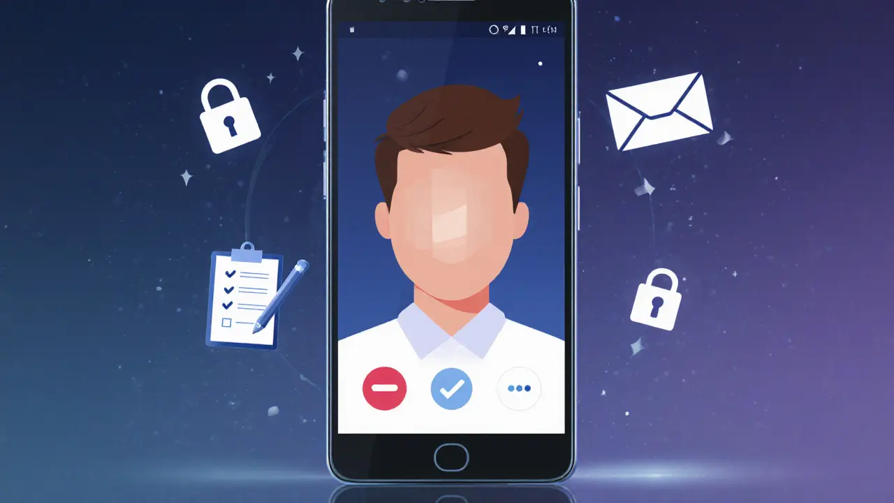 Smartphone showing a blurred video call face with verification icons.