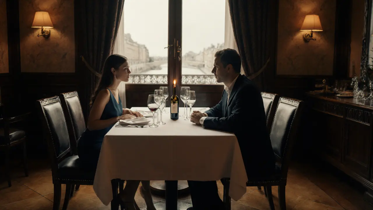 Sophisticated dining scene with a well‑dressed companion and client at a candlelit table.