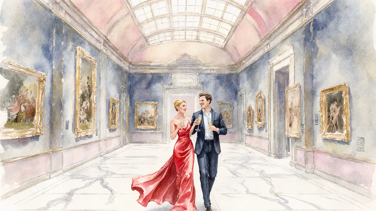 Stylish escort leading a client through an art gallery holding champagne glasses.