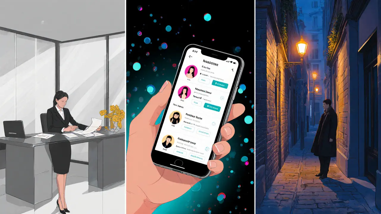 Three-panel illustration showing a modern office, a booking app on a phone, and a lone figure in a dim Paris alley.