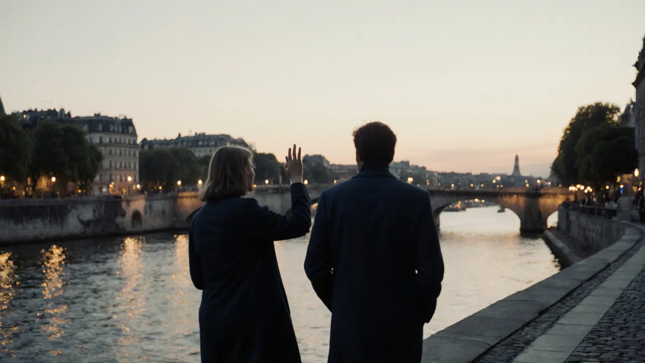 Two individuals walking peacefully along the Seine at dusk, enjoying the city lights.