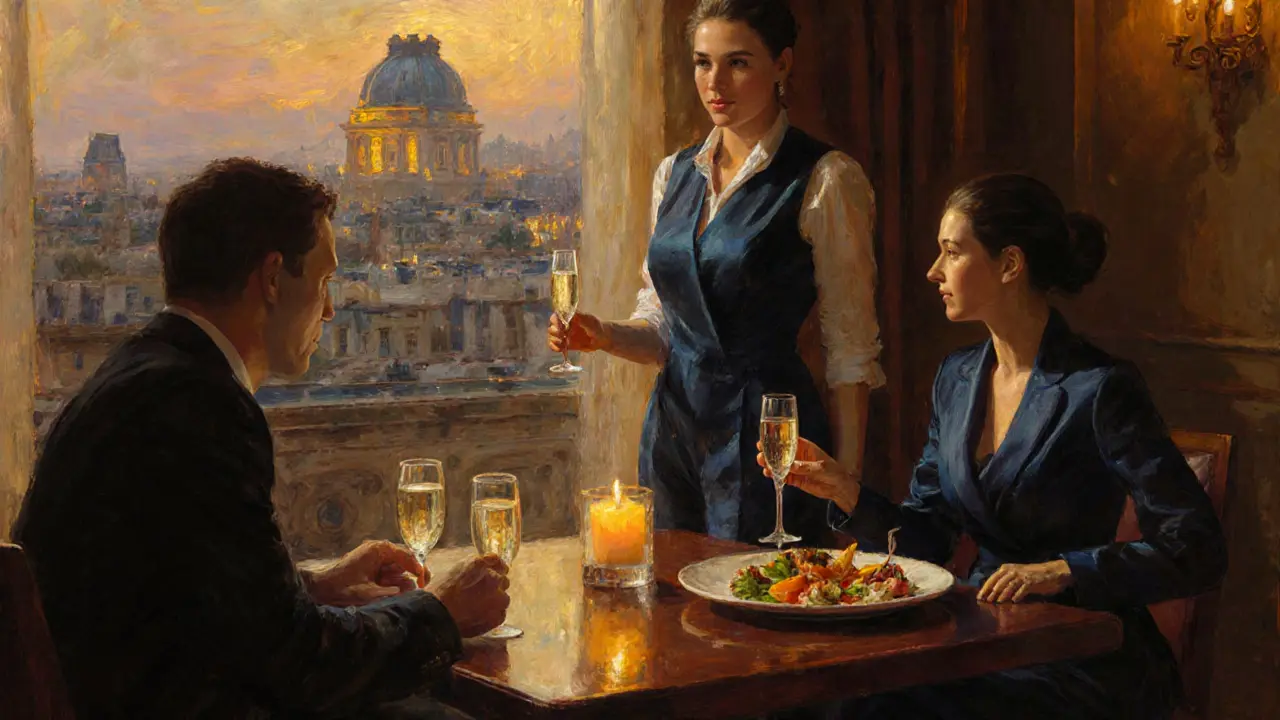 Upscale dinner scene with escort and business traveler in a luxe Paris hotel lounge.