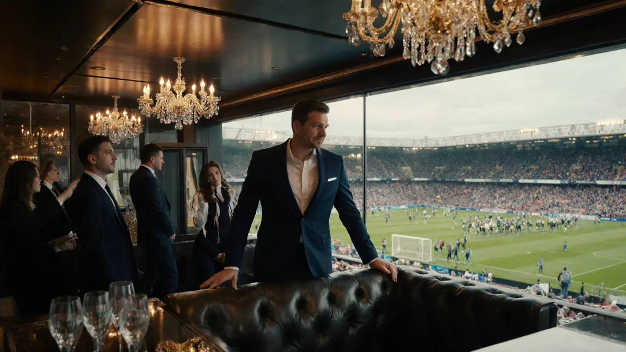 VIP suite interior showing an escort leading guests to a bar while coordinating with security.