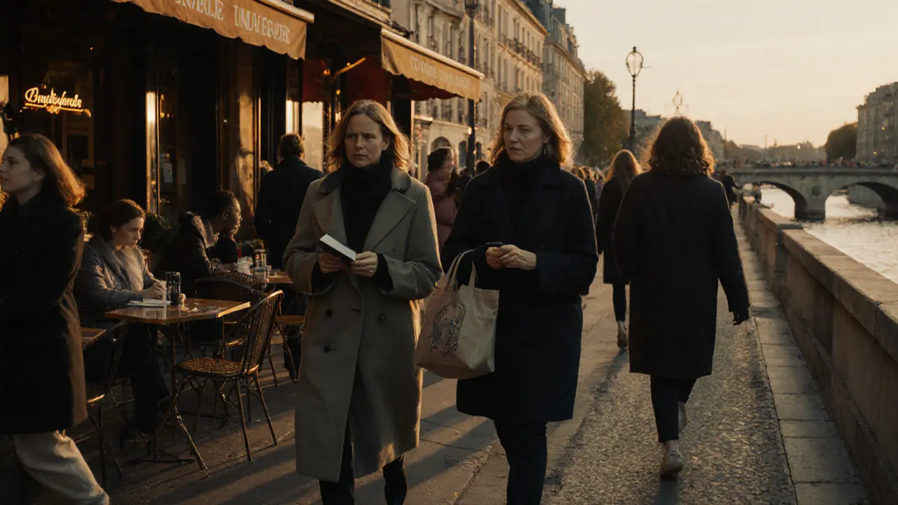 Women of various ages walking quietly along the Seine at dusk in Paris.