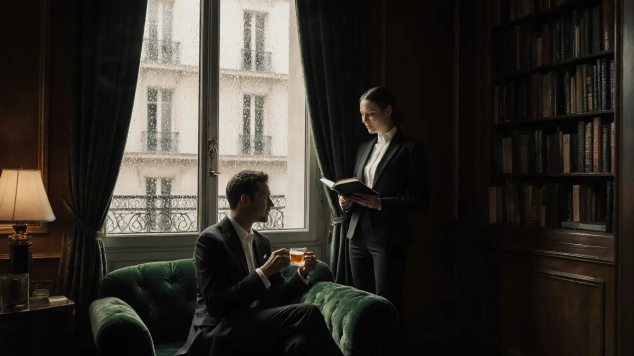 A calm, respectful scene in a Parisian lounge with tea and books, emphasizing emotional connection over physicality.