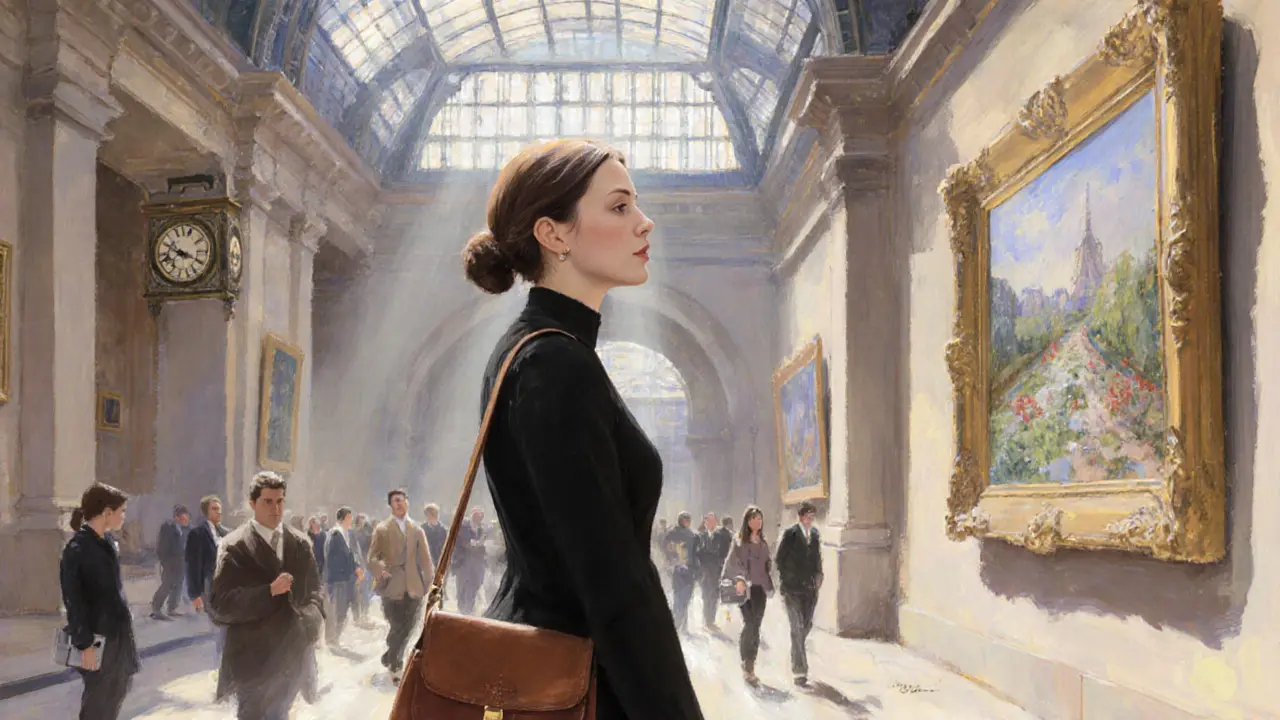 A confident woman pauses to admire a Monet painting in the Musée d&#039;Orsay, surrounded by soft museum light.