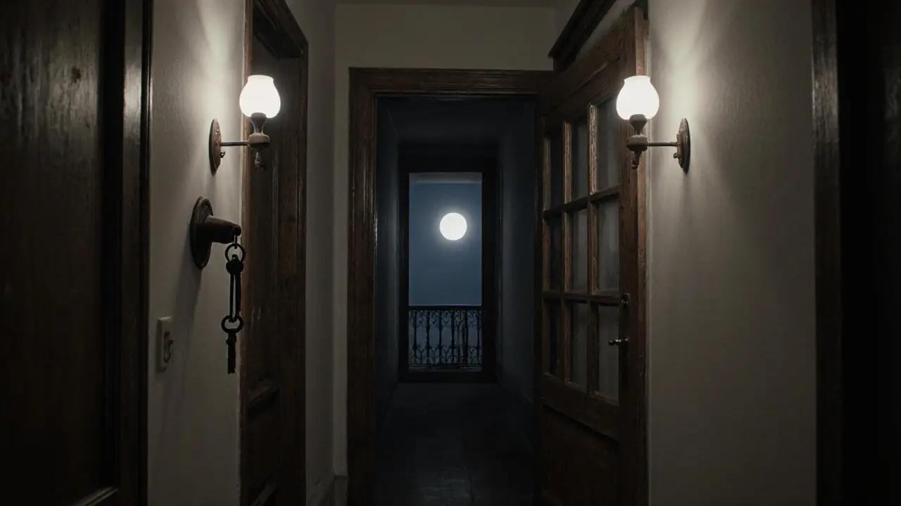 A dim hallway with a single key on a hook, hinting at anonymous, intimate stays.